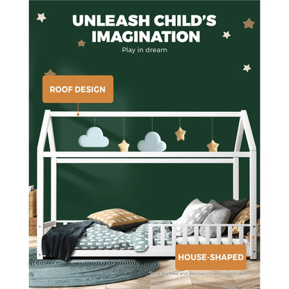 BF-W-A2-D-WH-AB Oikiture Kids Wooden Bed Frame House Beds Platform Double White Timber Pine