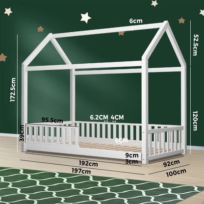 BF-W-A2-D-WH-AB Oikiture Kids Wooden Bed Frame House Beds Platform Double White Timber Pine