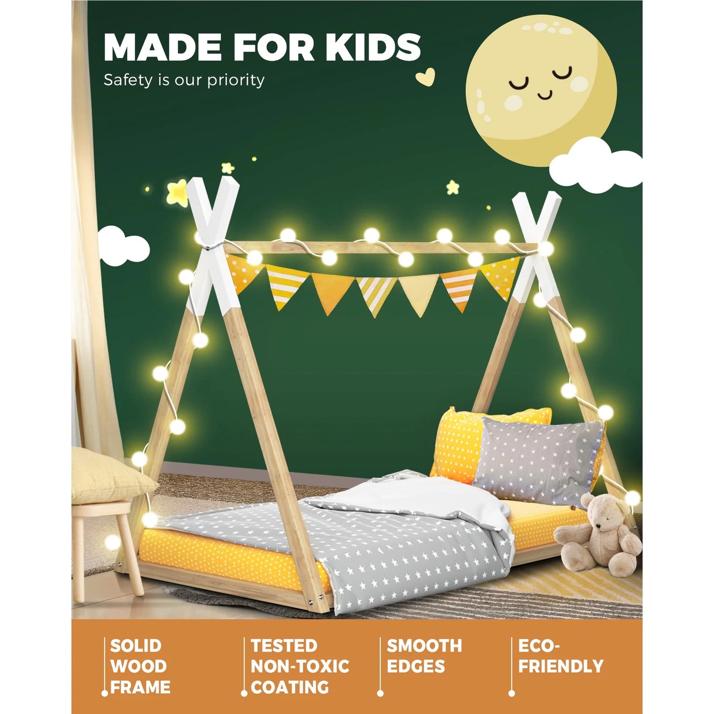 BF-W-A6-TIP-WHWD Oikiture Wooden Bed Frame Single Timber Teepee Bedframe Mattress Base Platform