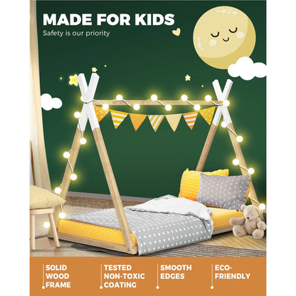 BF-W-A6-TIP-WHWD Oikiture Wooden Bed Frame Single Timber Teepee Bedframe Mattress Base Platform