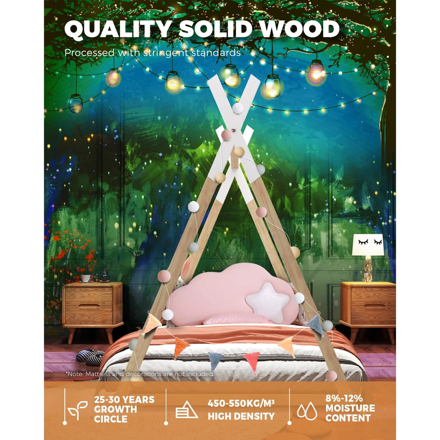 BF-W-A6-TIP-WHWD Oikiture Wooden Bed Frame Single Timber Teepee Bedframe Mattress Base Platform