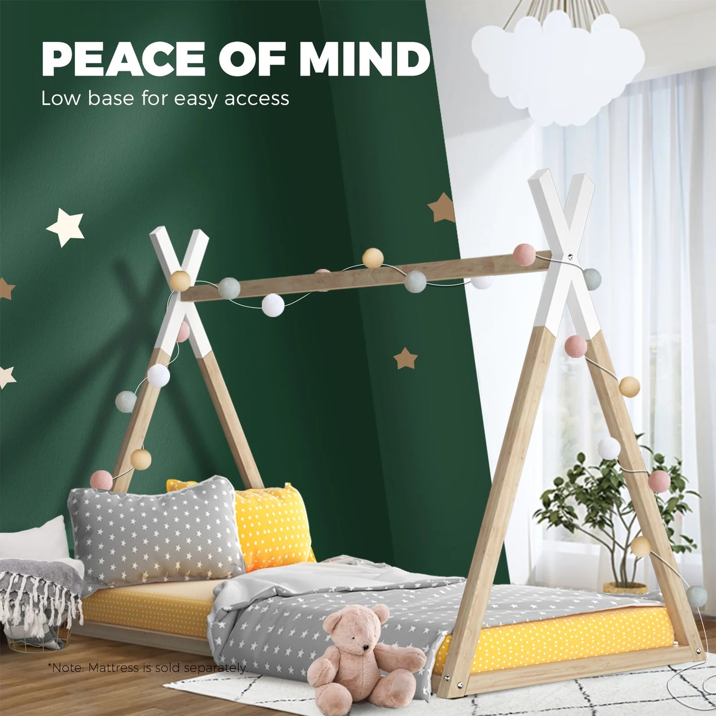 BF-W-A6-TIP-WHWD Oikiture Wooden Bed Frame Single Timber Teepee Bedframe Mattress Base Platform