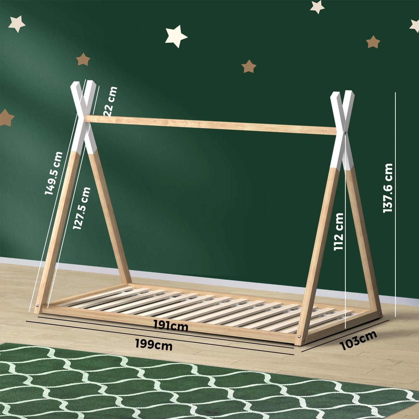 BF-W-A6-TIP-WHWD Oikiture Wooden Bed Frame Single Timber Teepee Bedframe Mattress Base Platform
