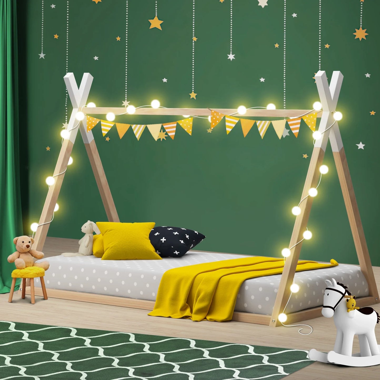 BF-W-A6-TIP-WHWD Oikiture Wooden Bed Frame Single Timber Teepee Bedframe Mattress Base Platform