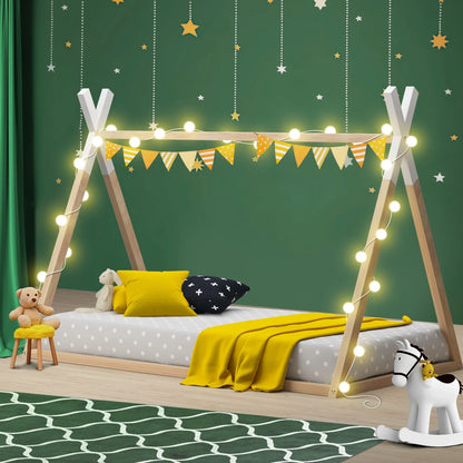 BF-W-A6-TIP-WHWD Oikiture Wooden Bed Frame Single Timber Teepee Bedframe Mattress Base Platform