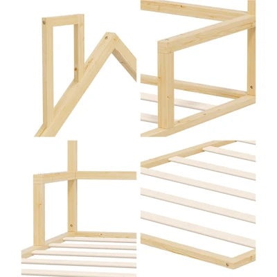 BF-W-B-HAMM-KS-WD Oikiture Wooden Kids Bed Frame Floor Beds Chimney Platform King Single Natural