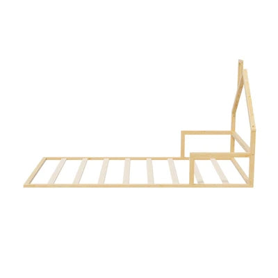 BF-W-B-HAMM-KS-WD Oikiture Wooden Kids Bed Frame Floor Beds Chimney Platform King Single Natural