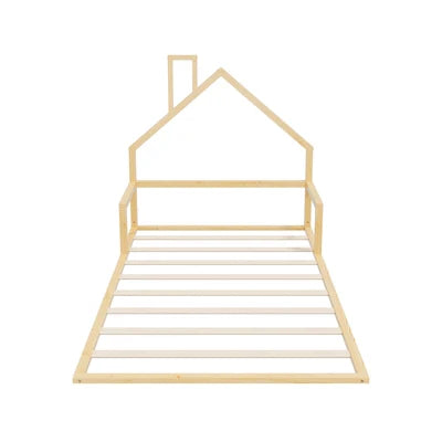 BF-W-B-HAMM-KS-WD Oikiture Wooden Kids Bed Frame Floor Beds Chimney Platform King Single Natural