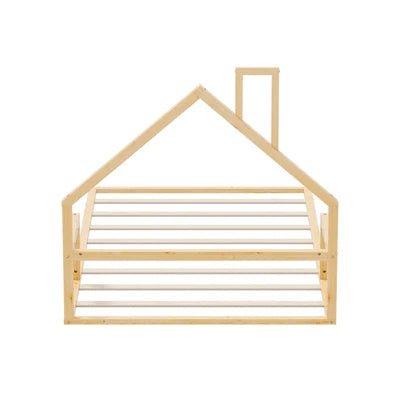 BF-W-B-HAMM-KS-WD Oikiture Wooden Kids Bed Frame Floor Beds Chimney Platform King Single Natural