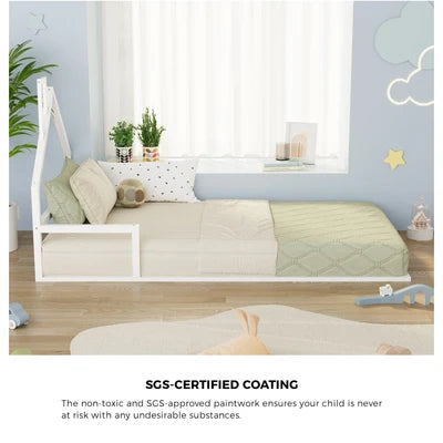 BF-W-B-HAMM-KS-WH Oikiture Wooden Kids Bed Frame Floor Beds Chimney Platform King Single White
