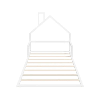 BF-W-B-HAMM-KS-WH Oikiture Wooden Kids Bed Frame Floor Beds Chimney Platform King Single White