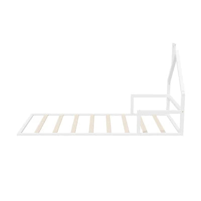 BF-W-B-HAMM-KS-WH Oikiture Wooden Kids Bed Frame Floor Beds Chimney Platform King Single White