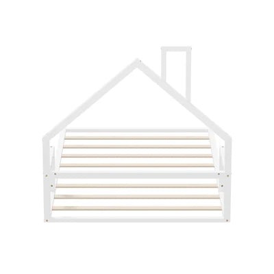 BF-W-B-HAMM-KS-WH Oikiture Wooden Kids Bed Frame Floor Beds Chimney Platform King Single White