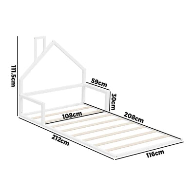 BF-W-B-HAMM-KS-WH Oikiture Wooden Kids Bed Frame Floor Beds Chimney Platform King Single White