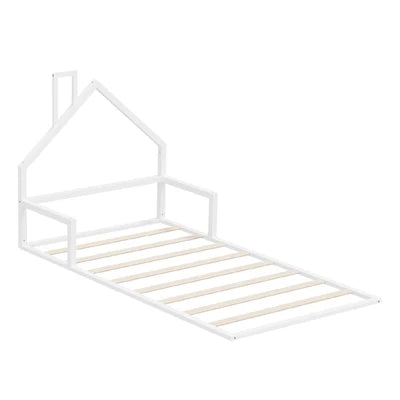 BF-W-B-HAMM-KS-WH Oikiture Wooden Kids Bed Frame Floor Beds Chimney Platform King Single White