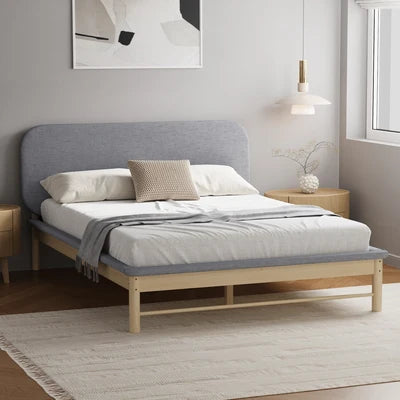 BF-W-B-IRIS-Q-GY-AB Oikiture Wooden Bed Frame with Padded Fabric Edges Pine Headboard Base Queen