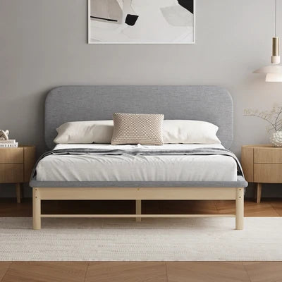 BF-W-B-IRIS-Q-GY-AB Oikiture Wooden Bed Frame with Padded Fabric Edges Pine Headboard Base Queen