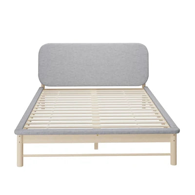 BF-W-B-IRIS-Q-GY-AB Oikiture Wooden Bed Frame with Padded Fabric Edges Pine Headboard Base Queen