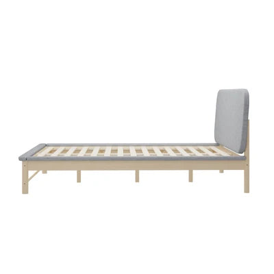 BF-W-B-IRIS-Q-GY-AB Oikiture Wooden Bed Frame with Padded Fabric Edges Pine Headboard Base Queen