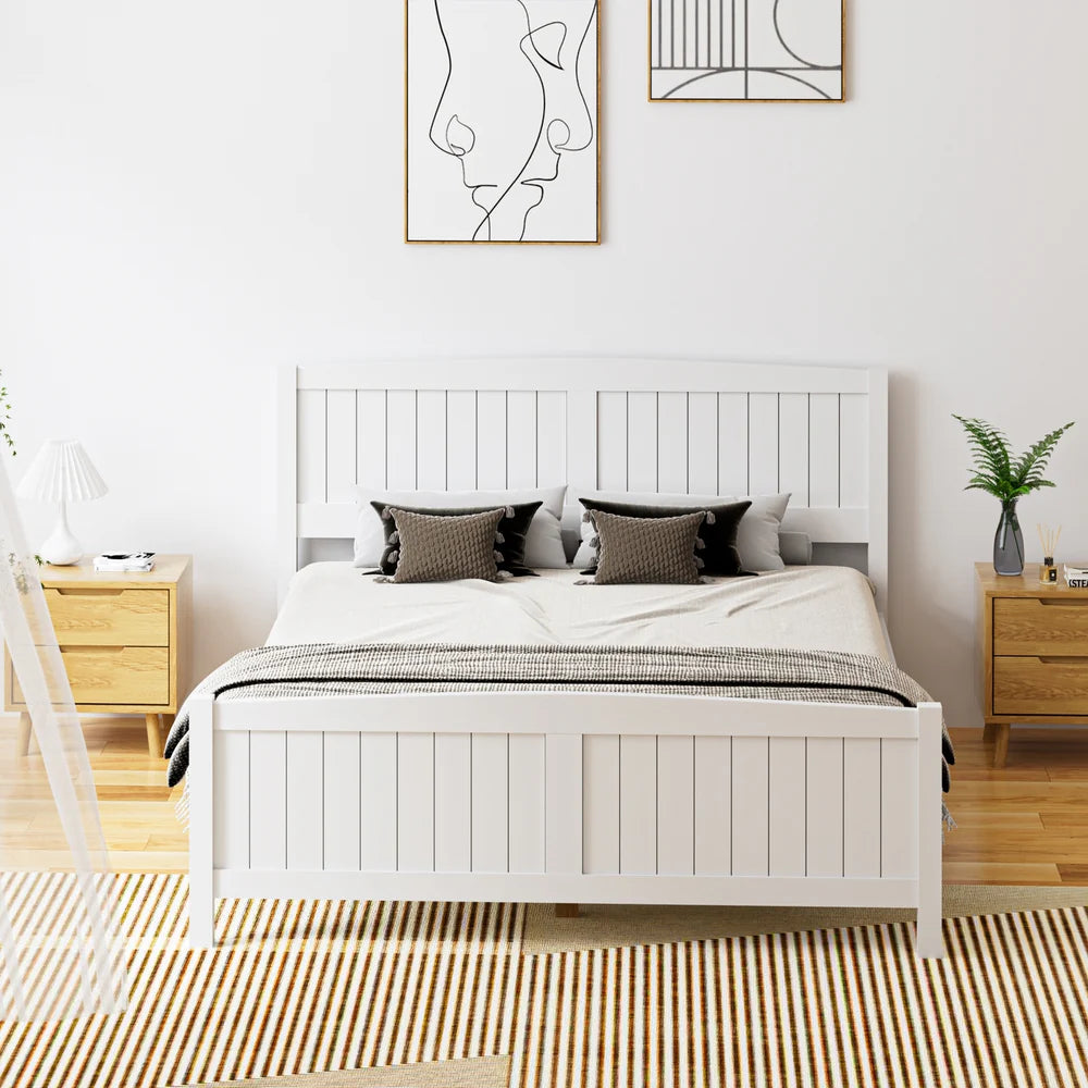BF-W-B-META-Q-WH-AB Oikiture Bed Frame Queen Size Wooden Base Timber Platform White