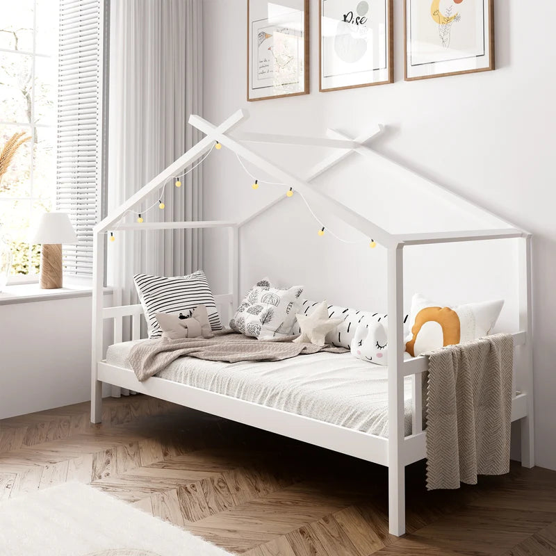 BF-W-B-TOMI-WH Oikiture Bed Frame Wooden Kids Single Timber House Beds White