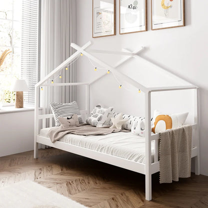 BF-W-B-TOMI-WH Oikiture Bed Frame Wooden Kids Single Timber House Beds White