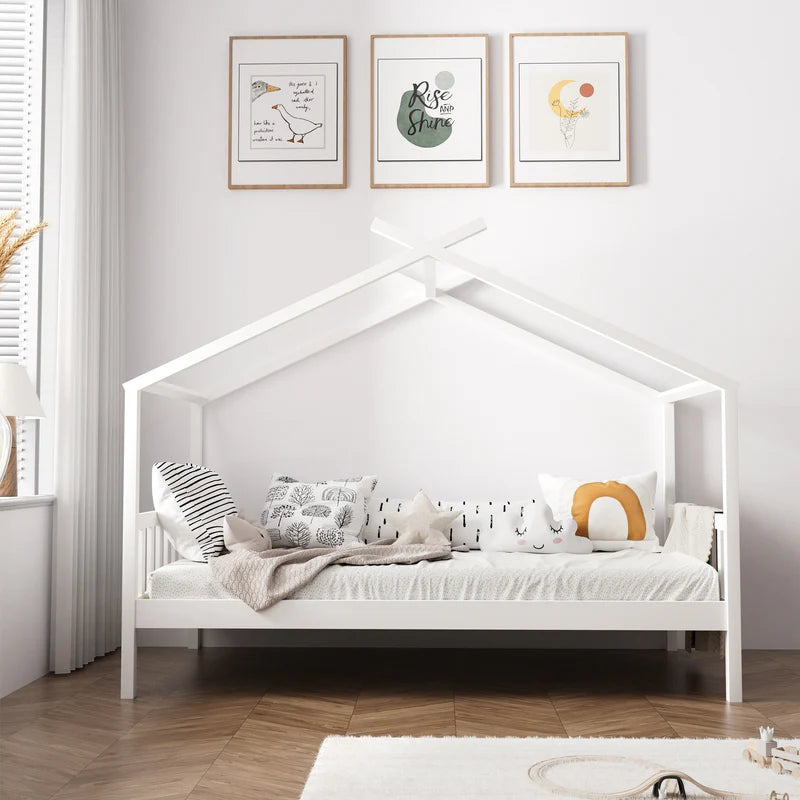 BF-W-B-TOMI-WH Oikiture Bed Frame Wooden Kids Single Timber House Beds White