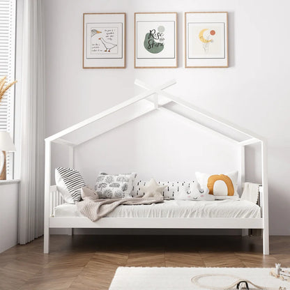 BF-W-B-TOMI-WH Oikiture Bed Frame Wooden Kids Single Timber House Beds White