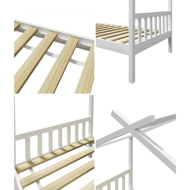 BF-W-B-TOMI-WH Oikiture Bed Frame Wooden Kids Single Timber House Beds White