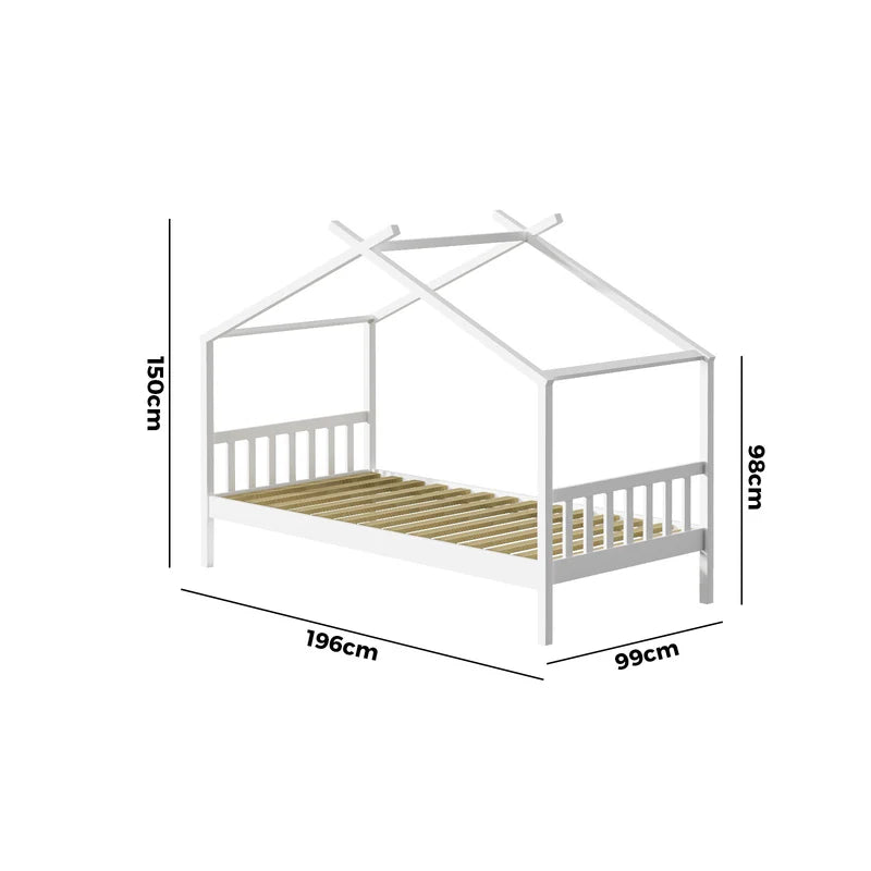 BF-W-B-TOMI-WH Oikiture Bed Frame Wooden Kids Single Timber House Beds White