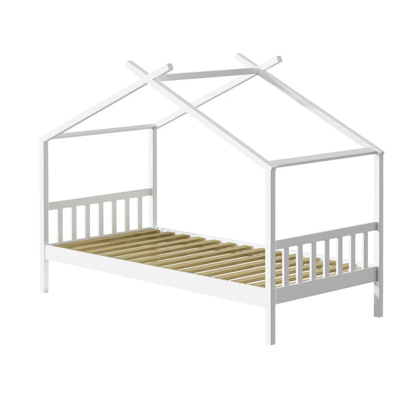 BF-W-B-TOMI-WH Oikiture Bed Frame Wooden Kids Single Timber House Beds White