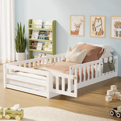 BF-W-B-WOODY-S-WH Oikiture Kids Bed Frame Single Floor Beds Timber Wood Gate Guard Fence White