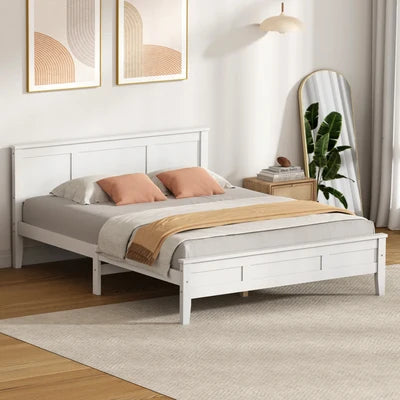 BF-W-KERR-D-WH Oikiture Double Wooden Bed Frame with Slatted Base Headboard Pine Timber White