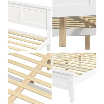 BF-W-KERR-D-WH Oikiture Double Wooden Bed Frame with Slatted Base Headboard Pine Timber White