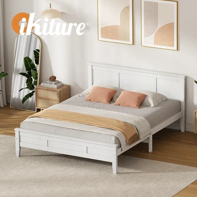 BF-W-KERR-D-WH Oikiture Double Wooden Bed Frame with Slatted Base Headboard Pine Timber White