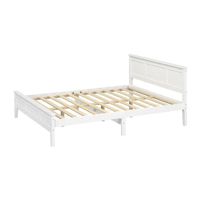 BF-W-KERR-D-WH Oikiture Double Wooden Bed Frame with Slatted Base Headboard Pine Timber White