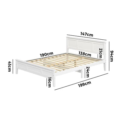 BF-W-KERR-D-WH Oikiture Double Wooden Bed Frame with Slatted Base Headboard Pine Timber White