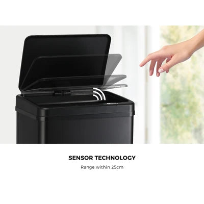 BIN-MT-B1-60L-BK Oikiture 60L Motion Sensor Rubbish Bin Kitchen Waste Can Stainless Steel Black