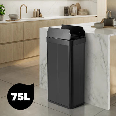 BIN-MT-B3-75L-BK Oikiture 75L Motion Sensor Bin Stainless Steel Automatic Rubbish Trash Can Black