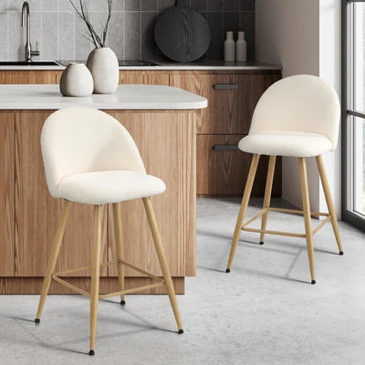 BS-AHB9-WHWD-2PC Oikiture 2x Bar Stools Kitchen Dining Chairs Counter Stool Boucle Padded Stools