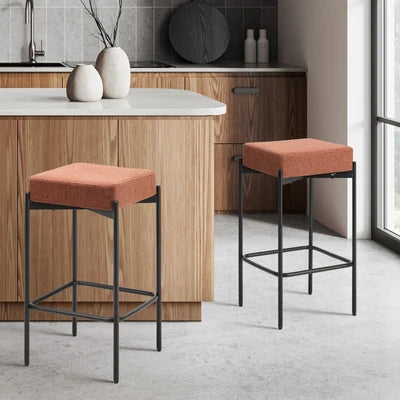 BS-D-KIM-OR-2PC Oikiture 2x Bar Stools Kitchen Counter Dining Chair Linen Seat Metal Orange
