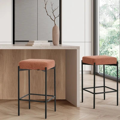 BS-D-KIM-OR-2PC Oikiture 2x Bar Stools Kitchen Counter Dining Chair Linen Seat Metal Orange