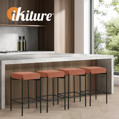 BS-D-KIM-OR-2PC Oikiture 2x Bar Stools Kitchen Counter Dining Chair Linen Seat Metal Orange
