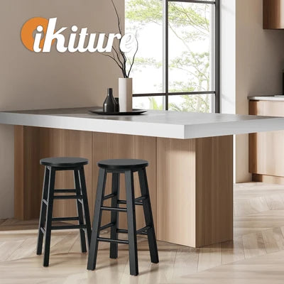 BS-FJ-AURA-BK-2PC Oikiture 2x Bar Stool Kitchen Counter Round Chair Split-Level Footrest Black