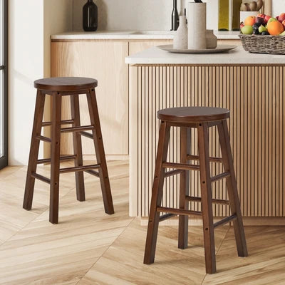 BS-FJ-AURA-WN-2PC Oikiture 2x Bar Stool Kitchen Counter Round Chair Split-Level Footrest Walnut