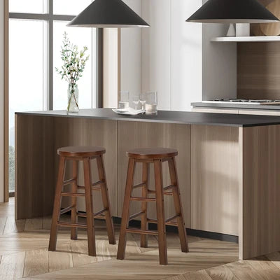 BS-FJ-AURA-WN-2PC Oikiture 2x Bar Stool Kitchen Counter Round Chair Split-Level Footrest Walnut