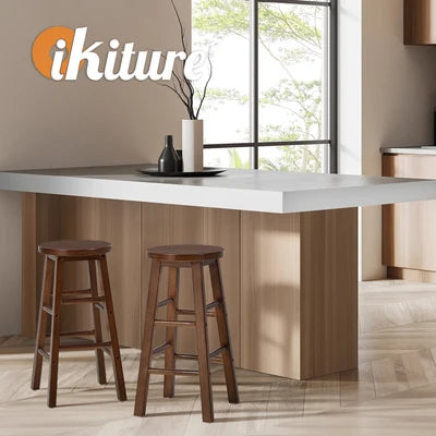 BS-FJ-AURA-WN-2PC Oikiture 2x Bar Stool Kitchen Counter Round Chair Split-Level Footrest Walnut