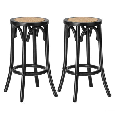 BS-FJ-KUN-BK-2PC Oikiture 2x Bar Stools Kitchen Vintage Dining Chair Rattan Seat Black