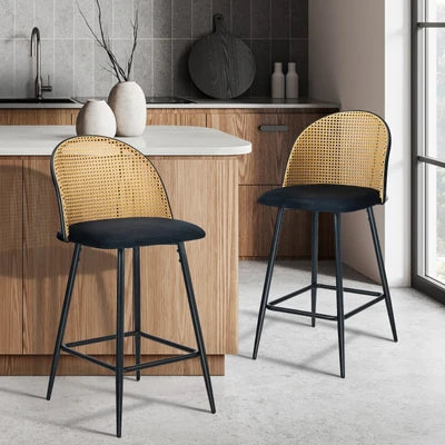 BS-HD-MOC-BK-2PC Oikiture Bar Stools Kitchen Counter Stool Rattan Dining Chair Velvet Black x2