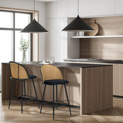 BS-HD-MOC-BK-2PC Oikiture Bar Stools Kitchen Counter Stool Rattan Dining Chair Velvet Black x2